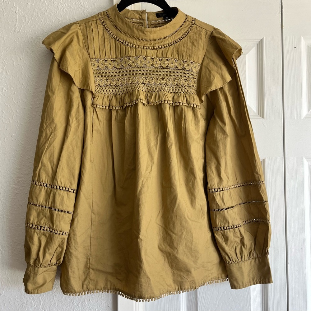 J CREW Honey Brown Crocheted Lace Ruffle Sleeve High Neck Embroidered Top